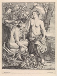<p>Een prent van Theodorus van Kessel naar Peter Paul Rubens uit 1630-1660 geeft een afbeelding van <em>de hoorn des overvloeds</em>. Twee nimfen en een jonge vrouw zitten bij de hoorn die uitpuilt van de vruchten. [Rijksmuseum, RP-P-OB-47.663]</p>
